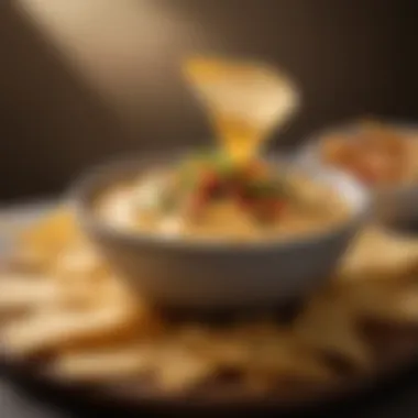 Queso and Chips Presentation A beautifully plated dish featuring queso alongside tortilla chips.