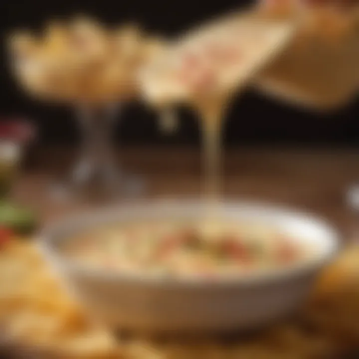 A close-up of queso being poured over a dish, showcasing its texture.