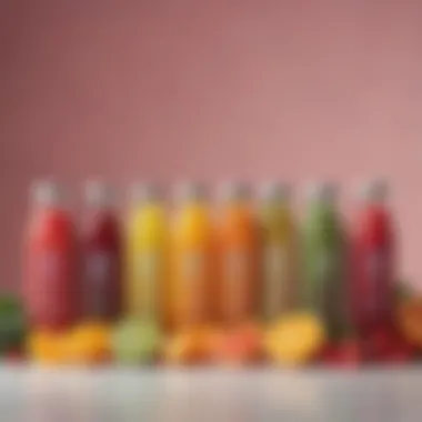 A beautifully arranged juice cleanse spread with colorful juices in glass bottles