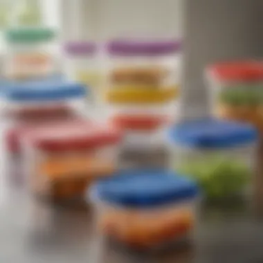 A variety of glass food containers with colorful lids