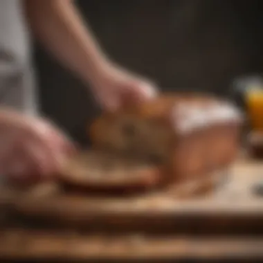 Slicing a freshly baked tea loaf on a wooden board