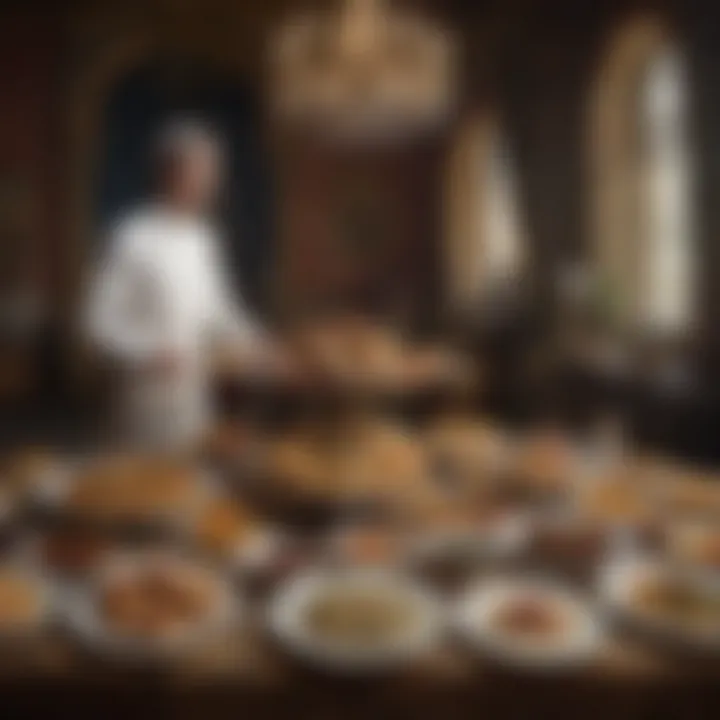 A beautifully illustrated historical manuscript depicting royal dining customs from centuries past