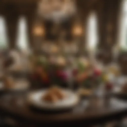 An opulent royal dining table set with exquisite tableware and elegant floral arrangements