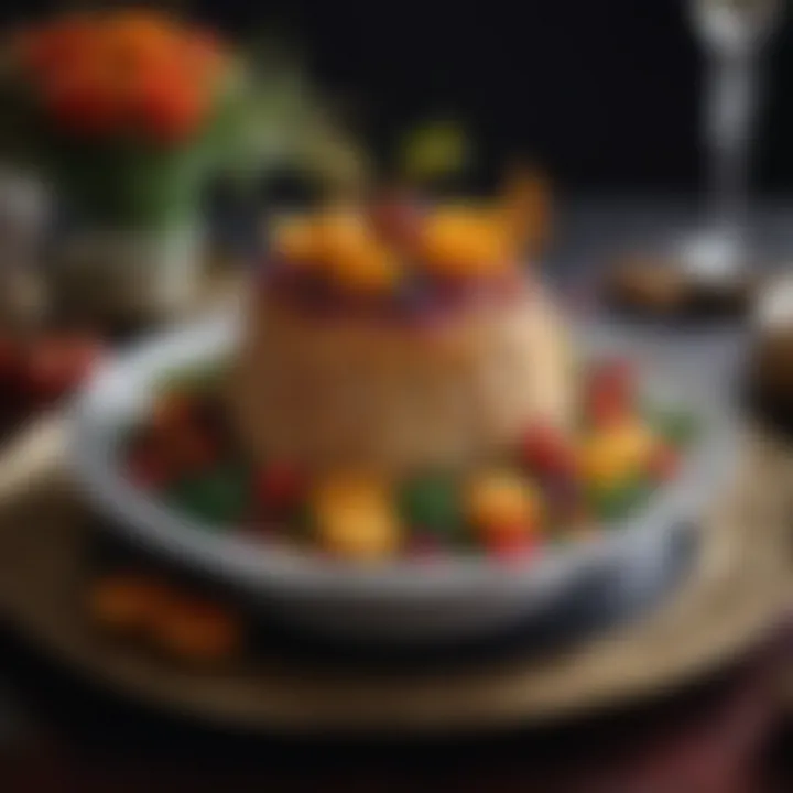 A close-up of a traditional regal dish, artfully plated with vibrant colors and intricate garnishes