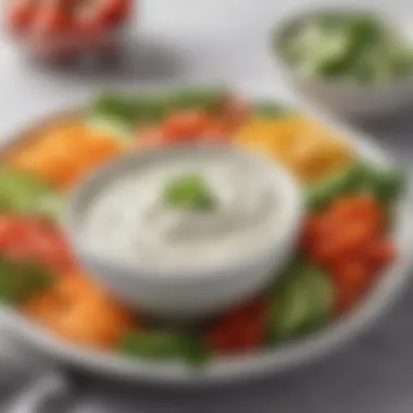 Close-up of ranch dip in a stylish bowl with herbs garnishing