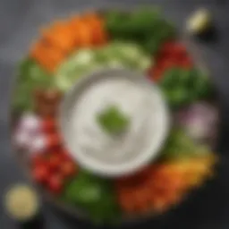 Fresh herbs and vegetables arranged around a bowl of ranch dip