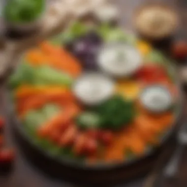 A variety of colorful vegetables served with ranch dip