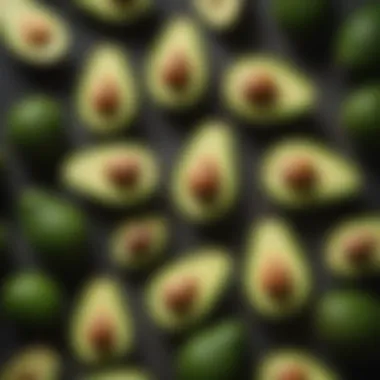 Avocado Ripeness Spectrum Fresh avocados with varying degrees of ripeness arranged aesthetically