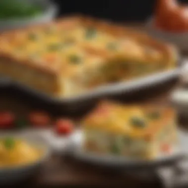 A close-up of a slice of breakfast egg casserole with layers of cheese and vegetables.