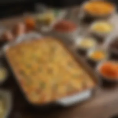 A colorful spread of breakfast egg casserole ingredients laid out on a kitchen counter.