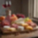 An elegant arrangement of gourmet cheeses and charcuterie with fresh fruits