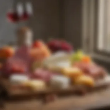 An elegant arrangement of gourmet cheeses and charcuterie with fresh fruits