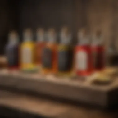 Artfully bottled gourmet oils and vinegars on a rustic wooden table