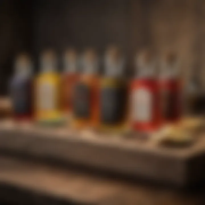 Artfully bottled gourmet oils and vinegars on a rustic wooden table
