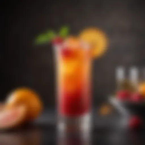 A vibrant Hurricane cocktail in a decorative glass garnished with fresh fruit