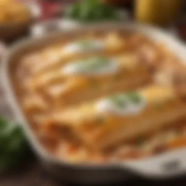 A close-up of golden-brown enchiladas with a bubbly cheese topping