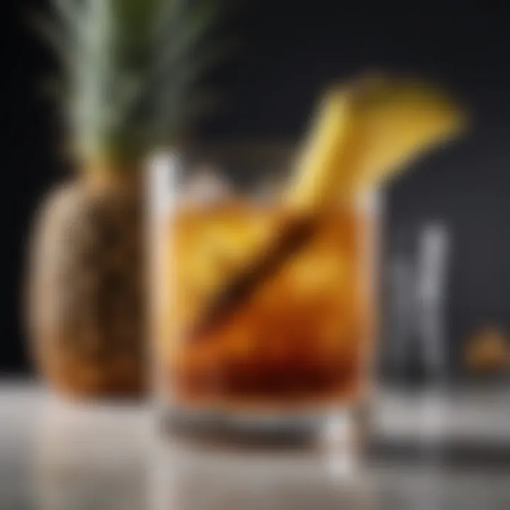 Close-up of a glass filled with bourbon and pineapple juice, showcasing the rich color and texture