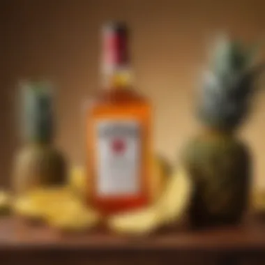 Harmony of Ingredients An artistic arrangement of bourbon bottles and fresh pineapples, reflecting the harmony of flavors