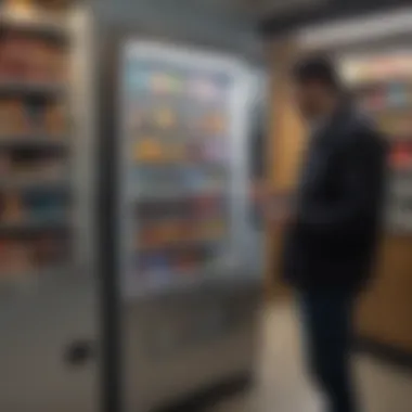 A buyer examining a used vending machine with a checklist and note pad.