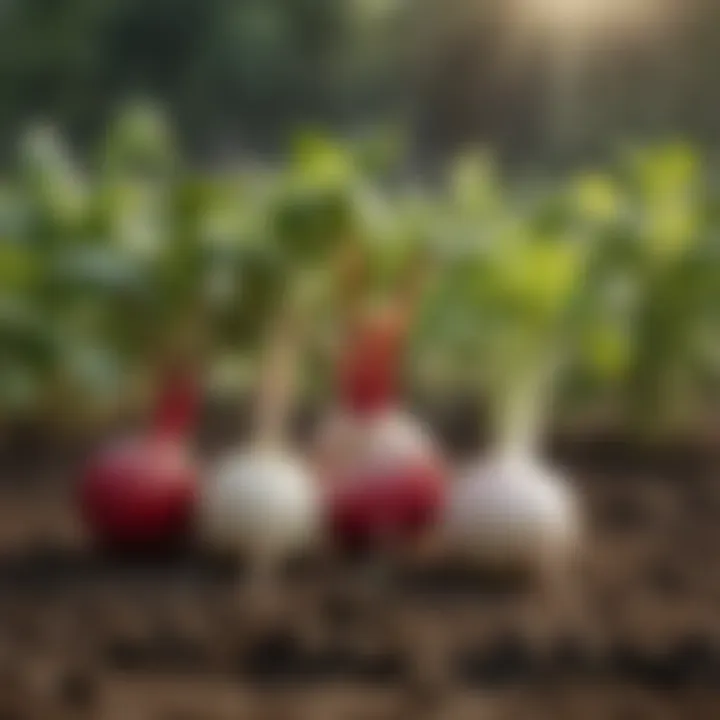 A seasonal vegetable garden featuring radishes ready for harvest