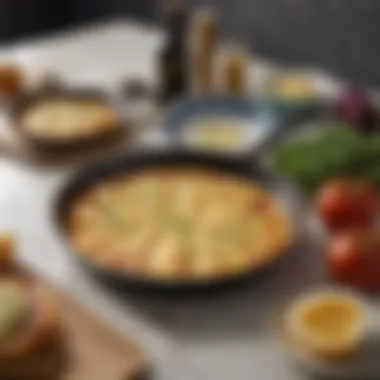 A variety of omelette pans with different materials displayed in a kitchen setting