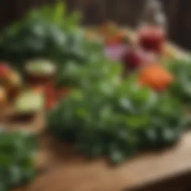 Essence of Leafy Greens Assorted leafy greens and vegetables on a wooden table