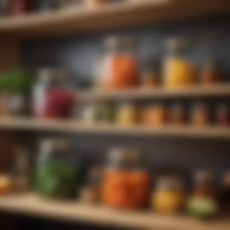Stylish glass storage containers arranged on a kitchen shelf