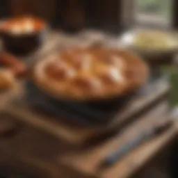 An elegant Lodge cast iron pie iron resting on a rustic wooden table.