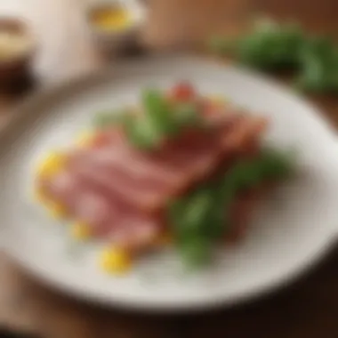 Culinary Innovation with Vegetarian Bacon An elegant plate featuring a creative dish that incorporates vegetarian bacon, garnished with fresh herbs.