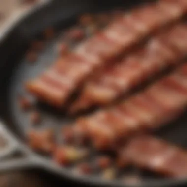 A close-up of a sizzling vegetarian bacon strip on a skillet, showcasing its texture and appearance.