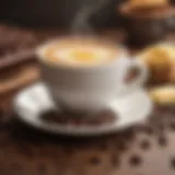 A steaming cup of butter coffee on a wooden table, surrounded by coffee beans.