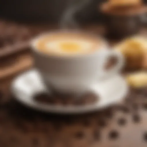 A steaming cup of butter coffee on a wooden table, surrounded by coffee beans.