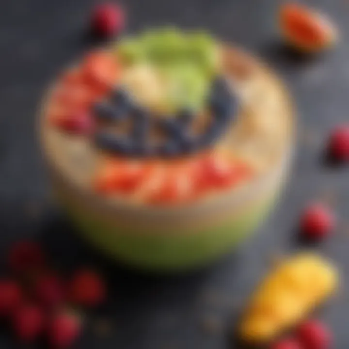 A colorful smoothie bowl adorned with fresh fruits and seeds