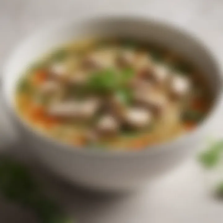 Close-up of fresh herbs adding aroma to chicken noodle soup