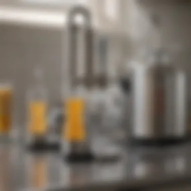 Close-up of CO2 cartridges and a carbonation machine on a kitchen counter.