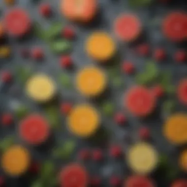 Flavoring Ingredients for Sparkling Drinks Ingredients laid out for flavoring fizzy water, including fruits and herbs.