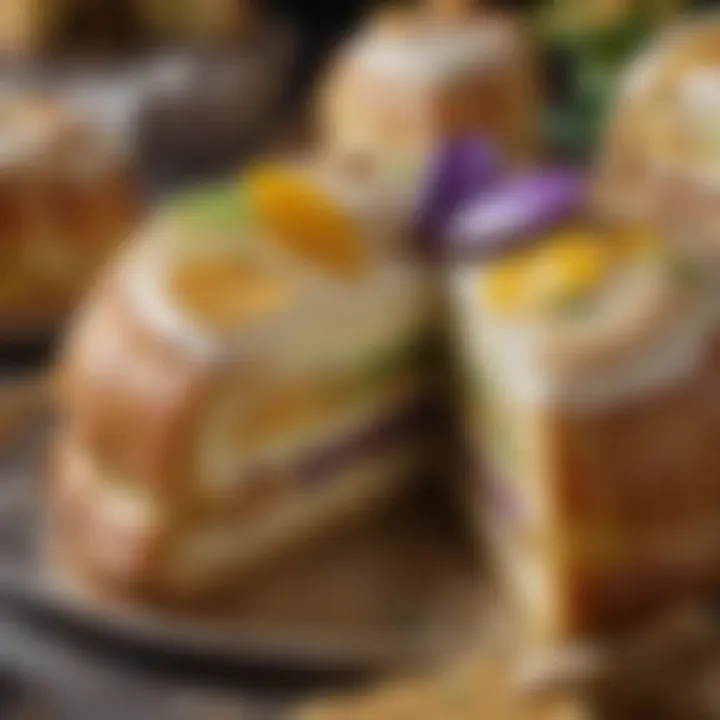 A close-up of king cake slices showcasing the rich texture and filling.