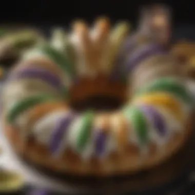 A festive gathering with king cake at the center, highlighting its role in celebrations.