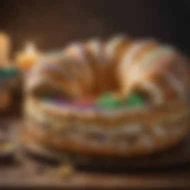 An artistic representation of king cake's historical origins and cultural journey.