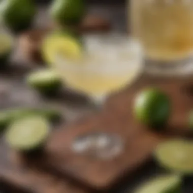 Close-up of the vibrant ingredients for a skinny margarita including fresh limes and agave syrup