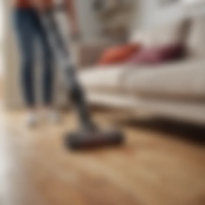 User demonstrating the ease of maneuverability of a cordless vacuum in a living room setting