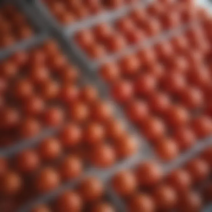 Containers filled with frozen tomatoes in a freezer