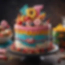 A colorful and artistic TikTok-inspired birthday cake with intricate designs.