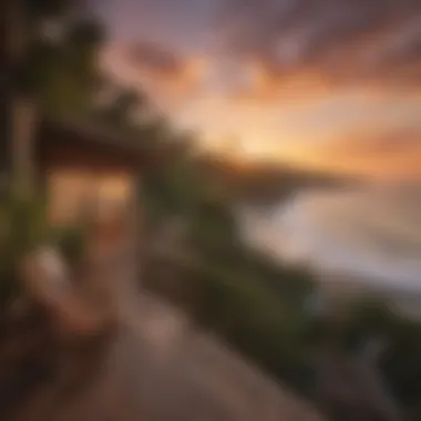 Sunset view from the balcony of a treehouse overlooking the beach
