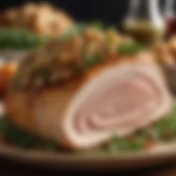 Juicy turkey breast garnished with fresh herbs and stuffing