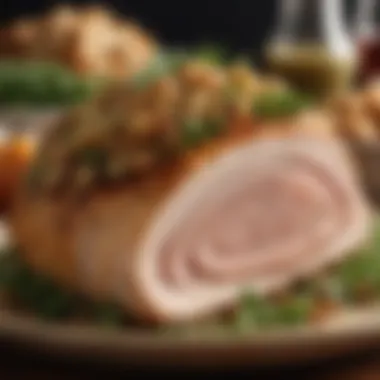 A succulent turkey breast adorned with aromatic herbs and savory stuffing Juicy turkey breast garnished with fresh herbs and stuffing