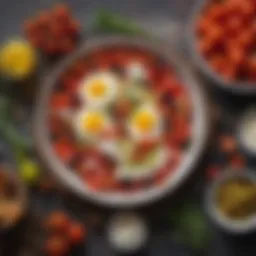 A vibrant spread of Mediterranean breakfast ingredients including olives, feta cheese, and fresh tomatoes.