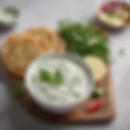A bowl of creamy tzatziki sauce garnished with fresh herbs