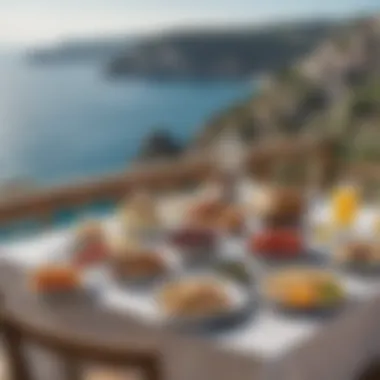 Serene Mediterranean Lunch Setting A serene Mediterranean setting with a lunch table overlooking the sea.