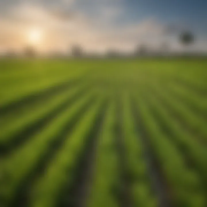 A lush green field of basmati rice plants ready for harvest under a blue sky.